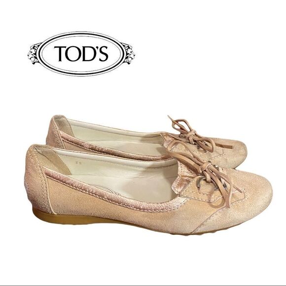 Tod's Women's Tan Rose Gold Metallic Suede Slip On Loafers Flats 35 5 - Picture 1 of 5